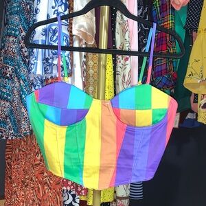 Rainbow Stripe Bustier Crop Top - Multicolor adjustable straps padded top size L